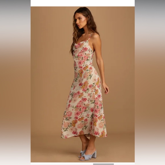 Lulus Sweet Invitation Beige Floral Print Cowl Neck Midi Dress - Picture 4 of 8